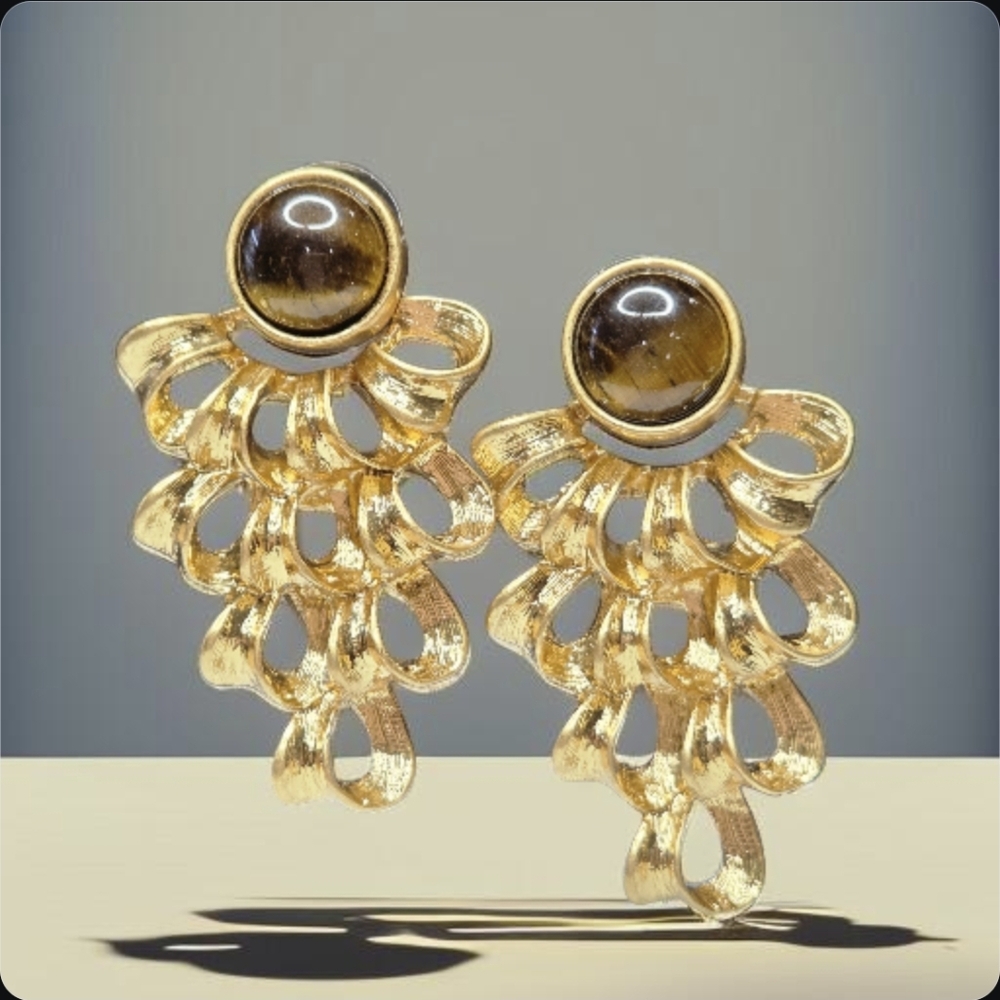 18k Gold Plated Oversized Tigers Eye Stone Ribbon Draped Statement Earrings